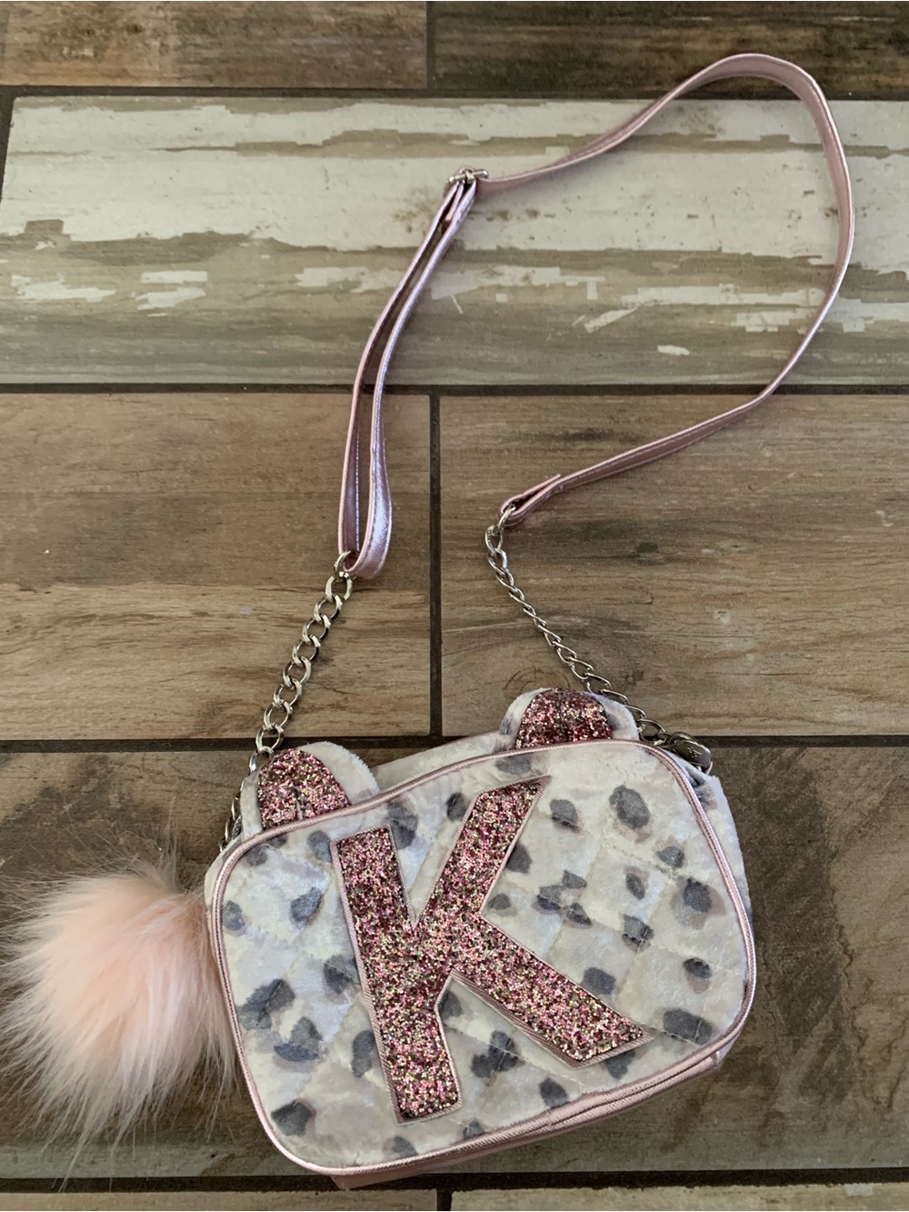 Justice Pink Glitter 'K' Leopard Print Kids Crossbody Bag with Pom